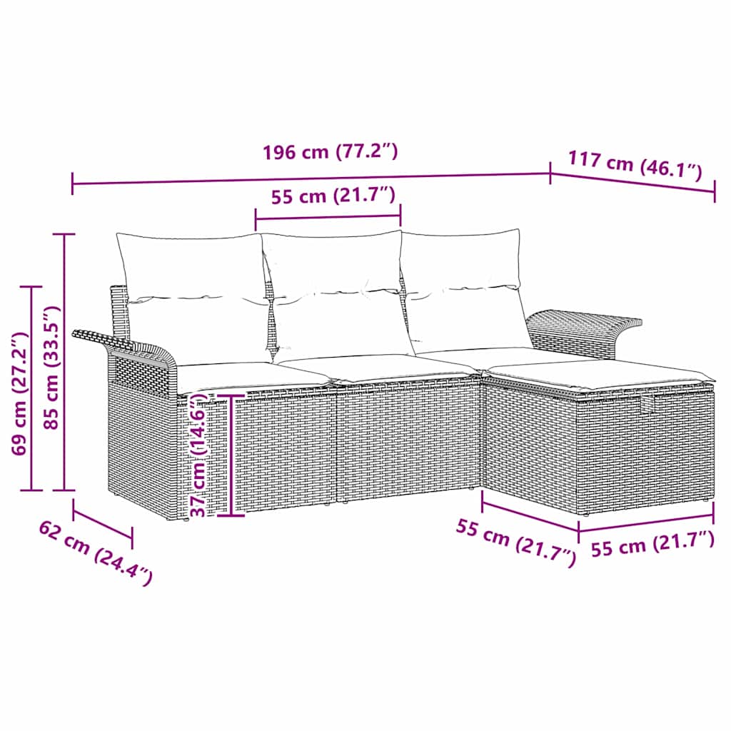 Garten-Sofa-Set mit Kissen 4 pcs Schwarz und Creme Poly Rattan