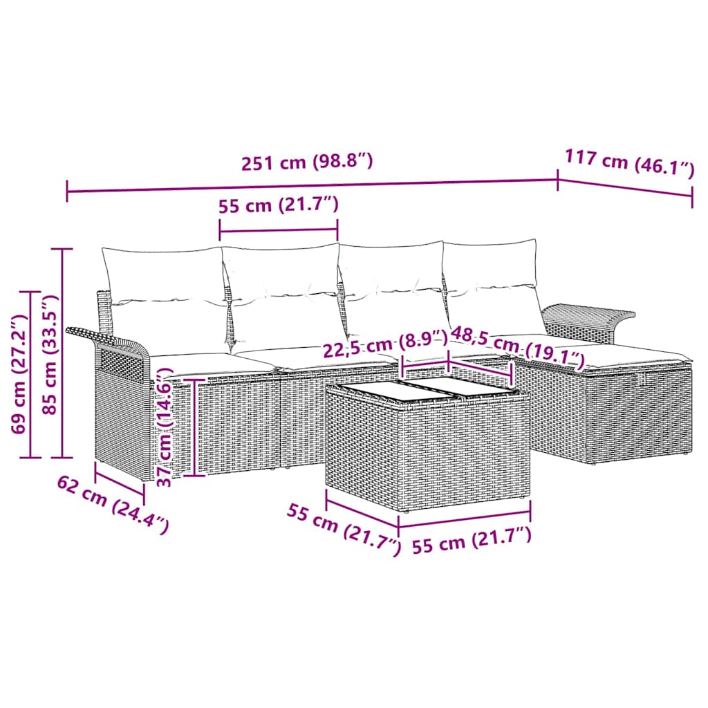 Garten-Sofa-Set 6 pcs Schwarz und Creme 251 x 117 x 85 cm