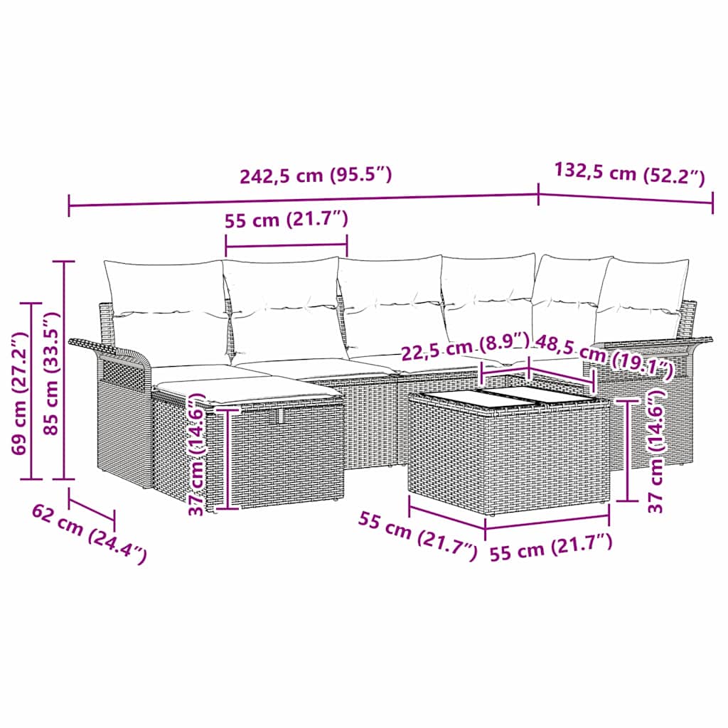 Garten-Sofa-Set 7 pcs Schwarz und Creme 242,5 x 132,5 x 85 cm