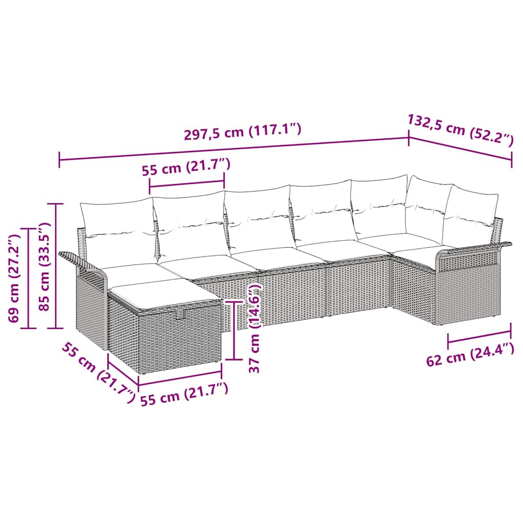 Garten-Sofa-Set 7 pcs Grau 297,5 x 132,5 x 85 cm Poly Rattan