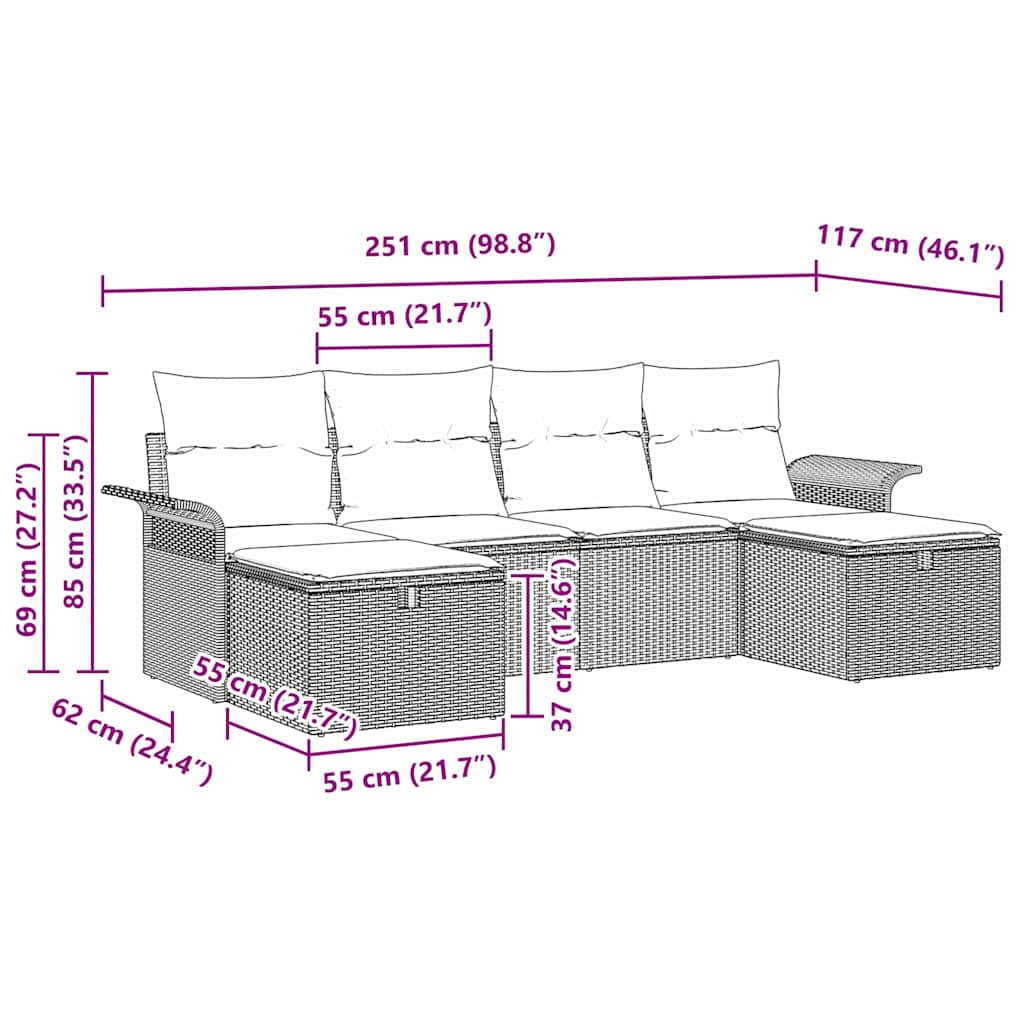 Garten-Sofa-Set 6 pcs Schwarz und Creme 251 x 117 x 85 cm