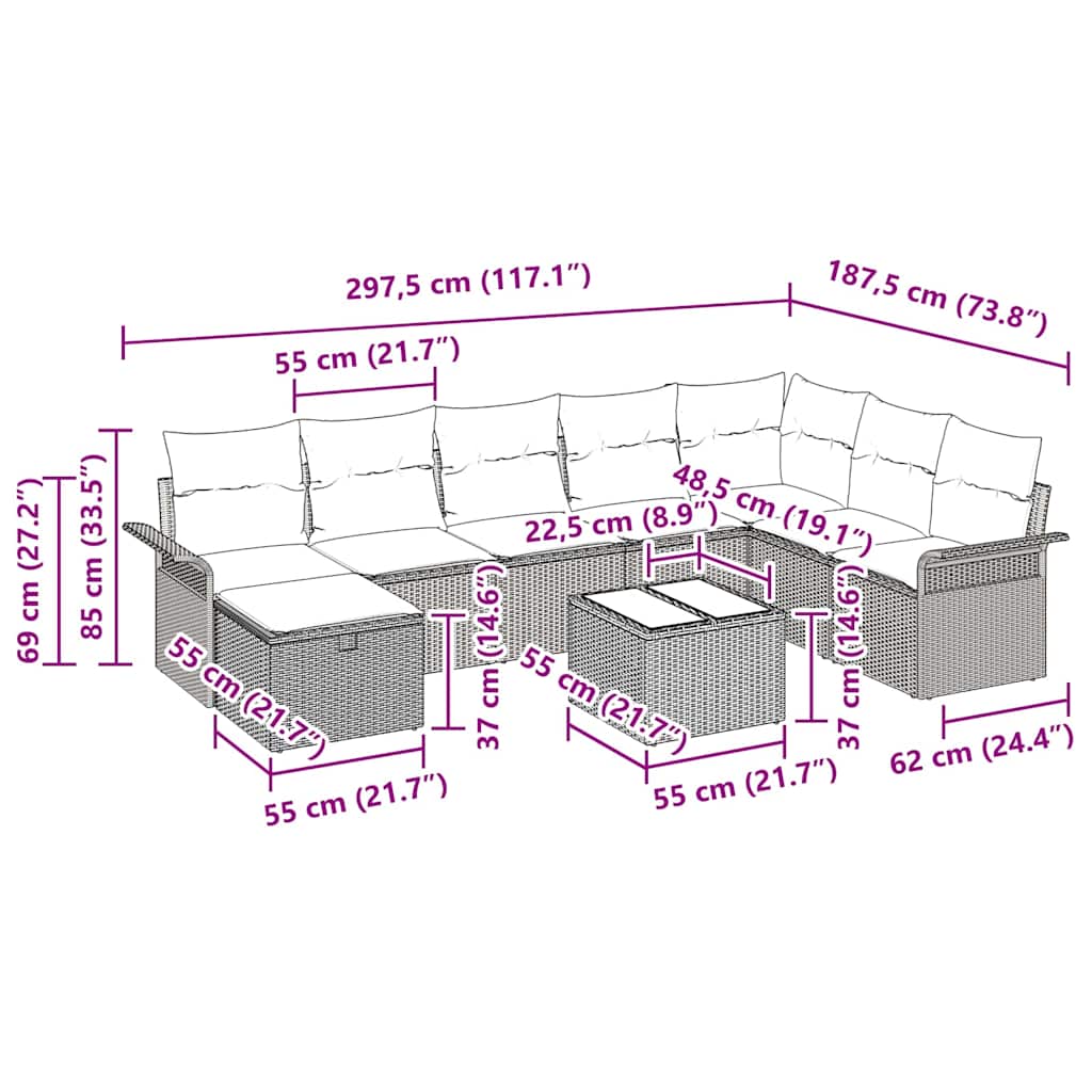 Garten-Sofa-Set 9 pcs Braun und Creme 297,5 x 187,5 x 85 cm