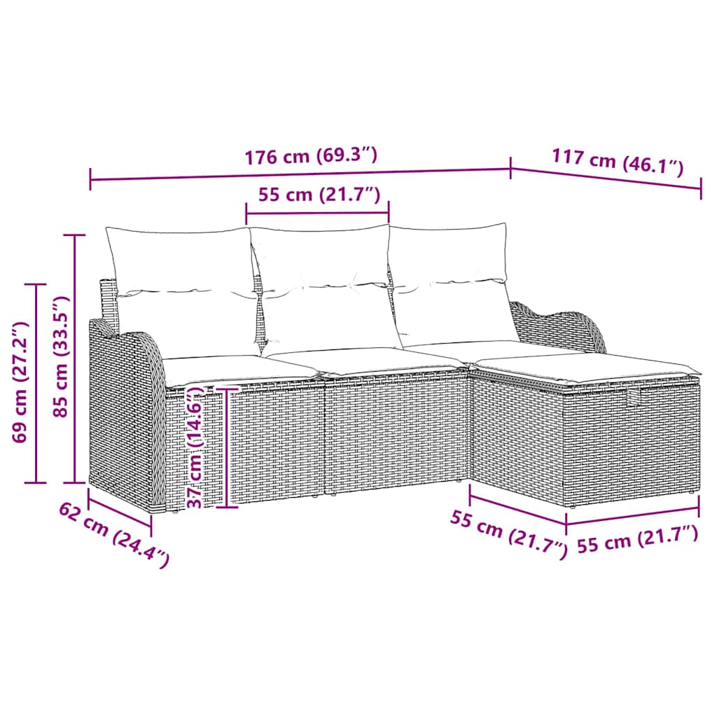 Garten-Sofa-Set 4 pcs Schwarz und Creme 176 x 117 x 85 cm