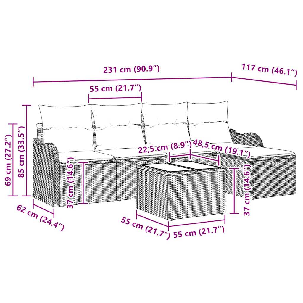Garten-Sofa-Set 6 pcs Hellgrau 231 x 117 x 85 cm Poly Rattan