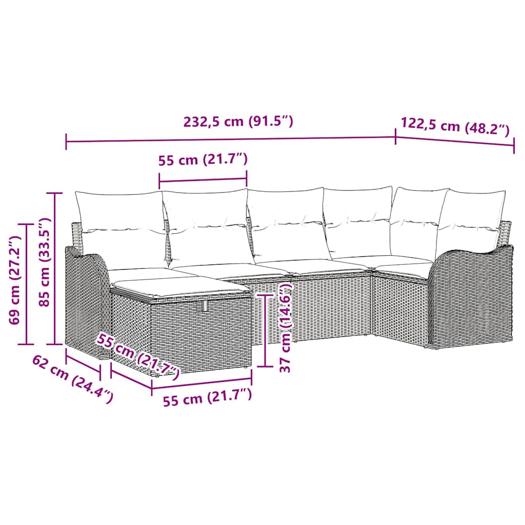 Garten-Sofa-Set mit Kissen 6 pcs Hellgrau 232,5 x 122,5 x 85 cm