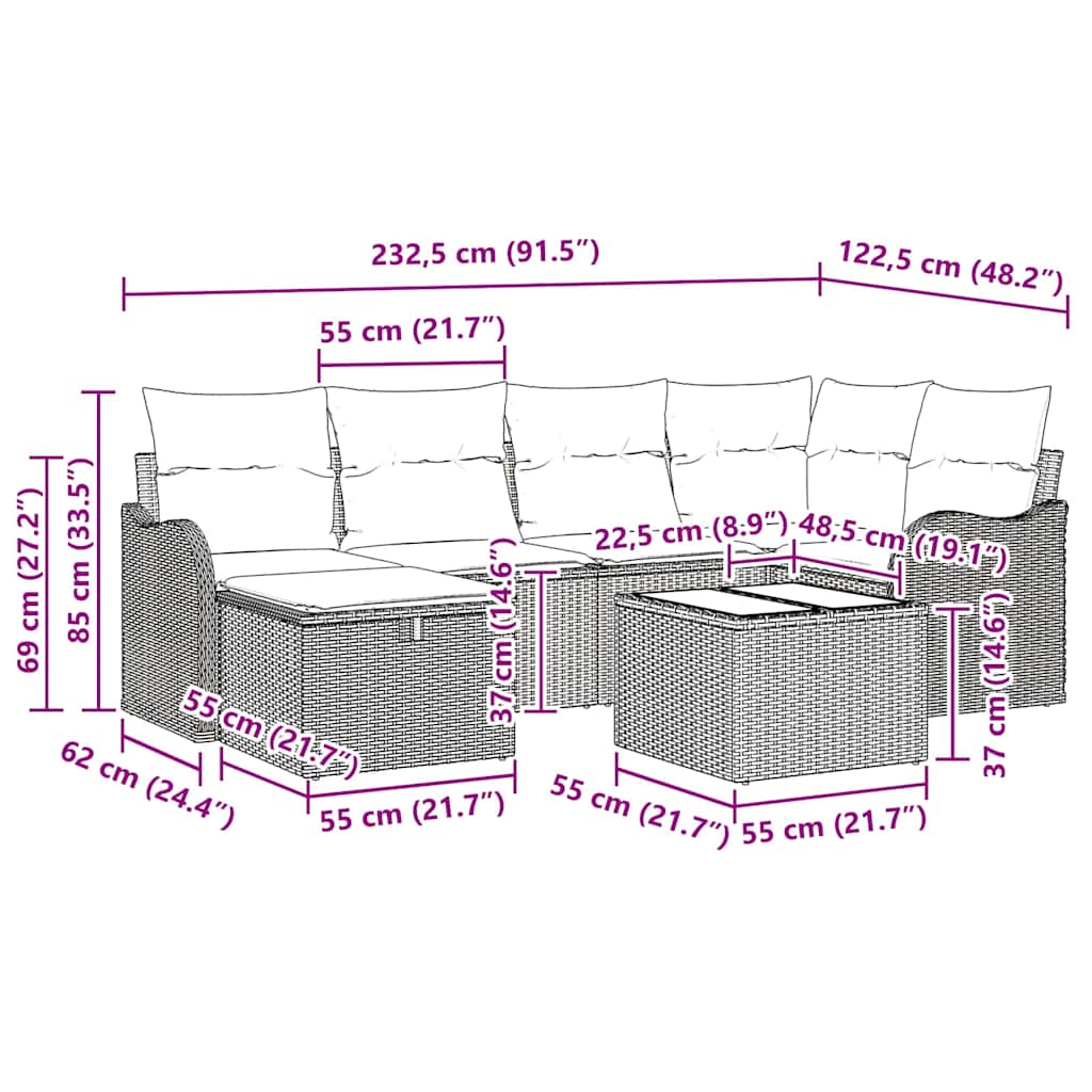 Garten-Sofa-Set 7 pcs Braun und Creme 232,5 x 122,5 x 85 cm