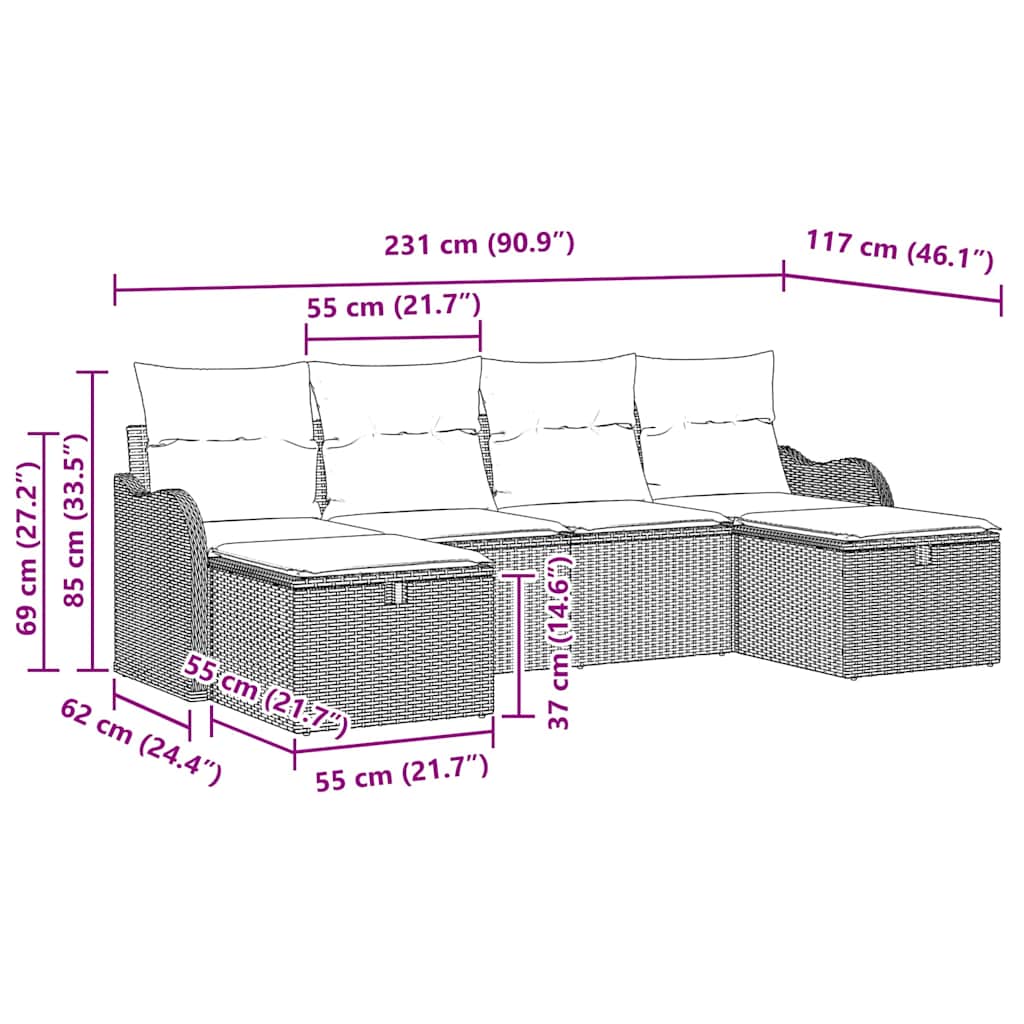 Garten-Sofa-Set 6 pcs Hellgrau 231 x 117 x 85 cm Poly Rattan