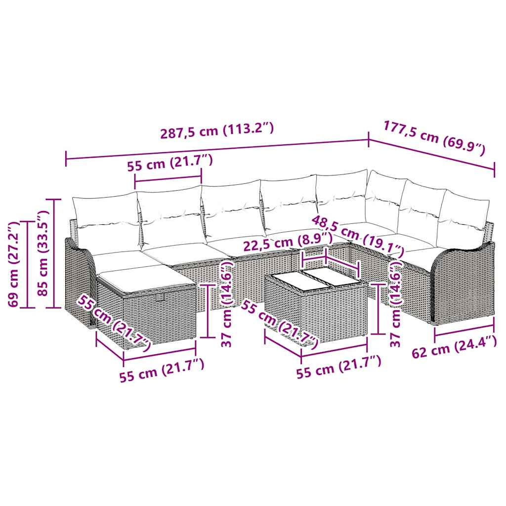 Garten-Sofa-Set 9 pcs Braun und Creme 287,5 x 177,5 x 85 cm