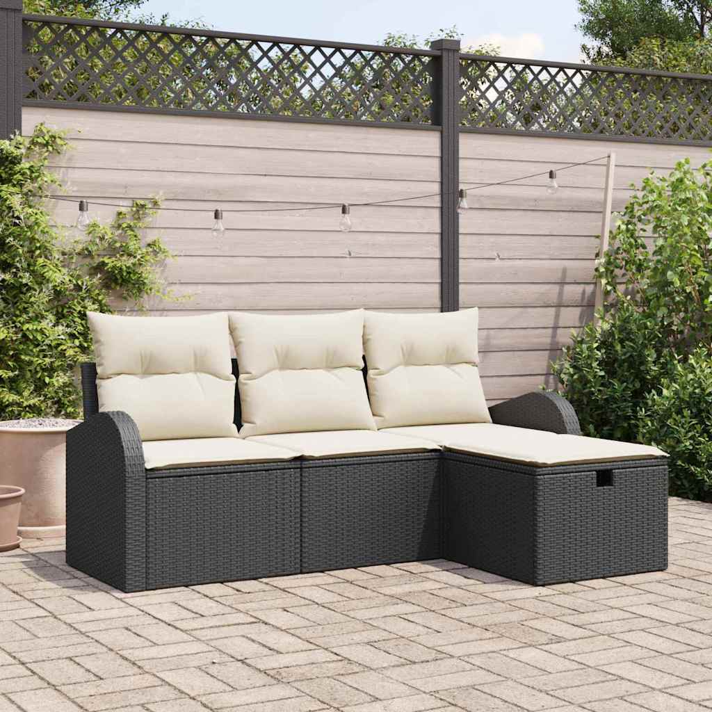 Sofa Set mit Kissen 4 pcs Schwarz und Creme Poly-Rattan