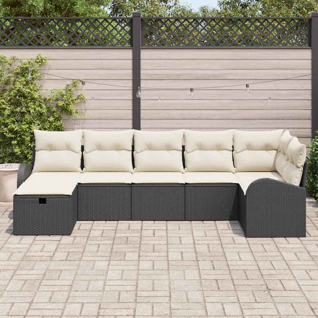 Sofa Set mit Kissen 7 pcs Schwarz und Creme Poly-Rattan