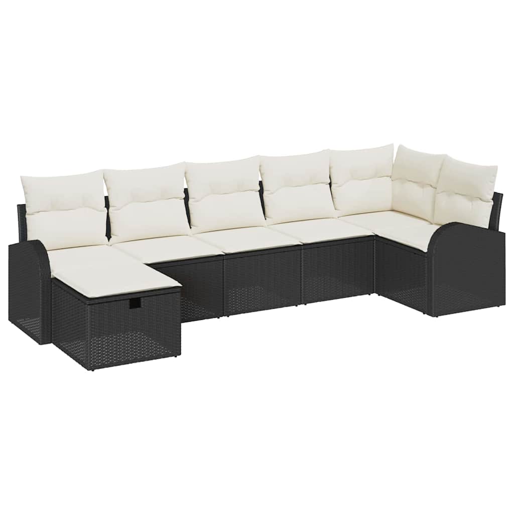Sofa Set mit Kissen 7 pcs Schwarz und Creme Poly-Rattan