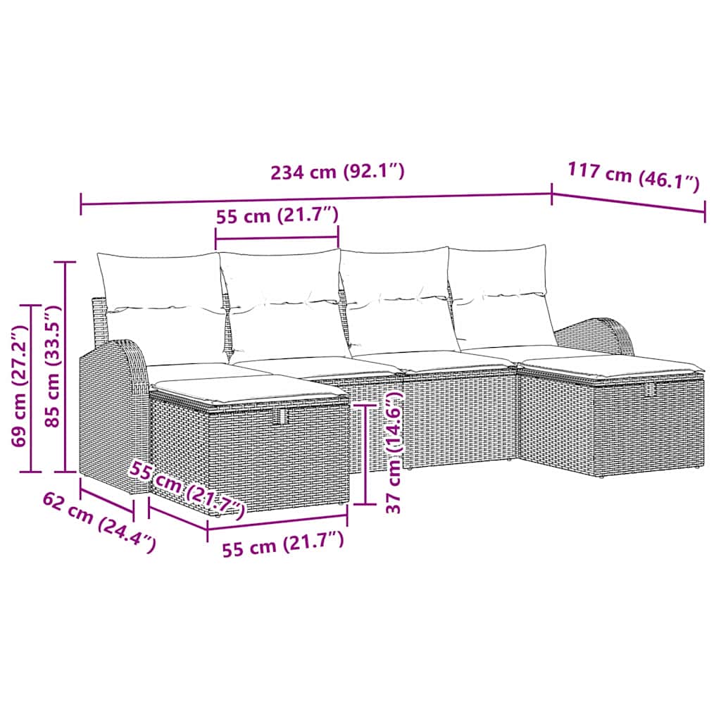 Sofa Set mit Kissen 6 pcs Schwarz und Creme Poly-Rattan