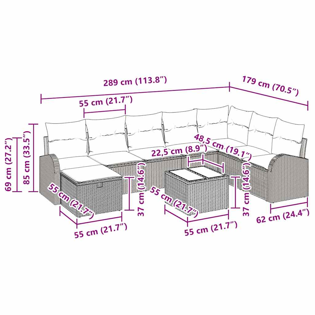 Garten-Sofa-Set 9 pcs Schwarz und Creme 289 x 179 x 85 cm