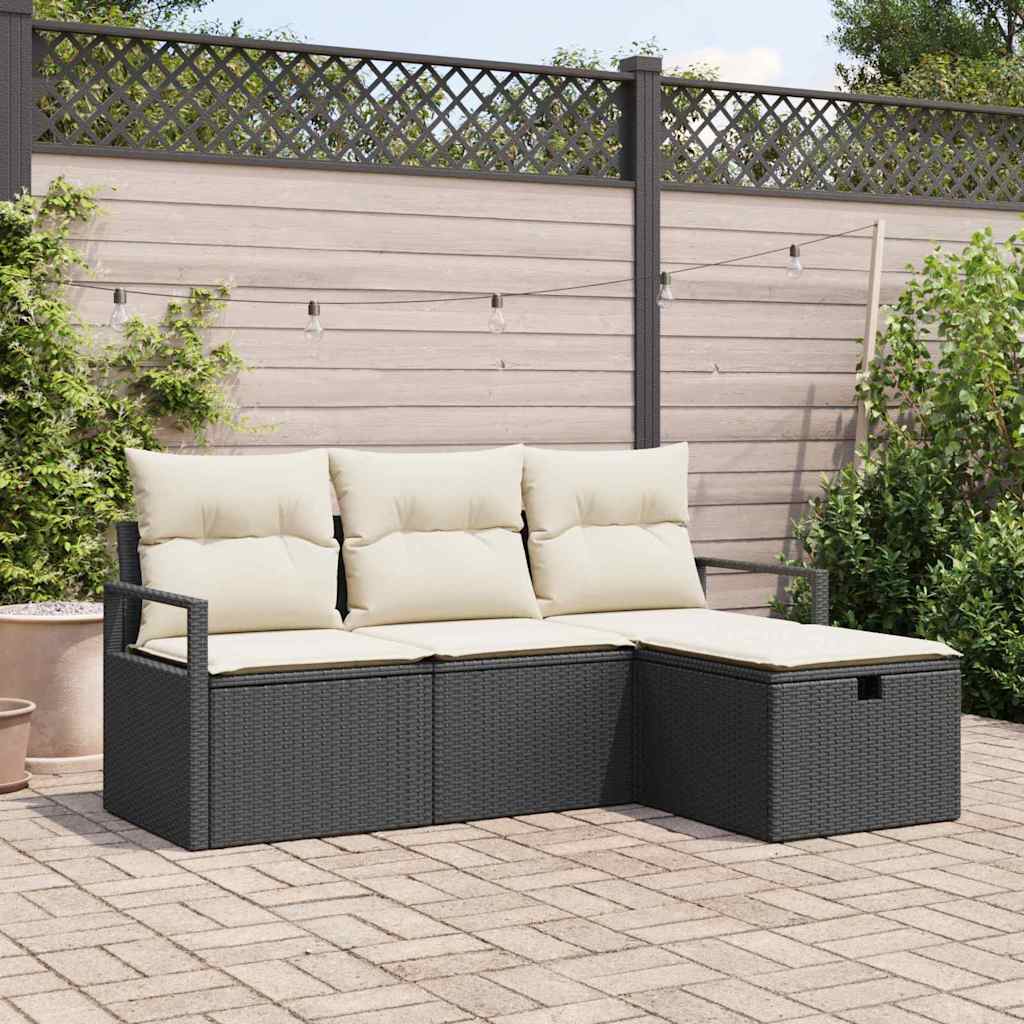 Sofa Set mit Kissen 4 pcs Schwarz und Creme Poly-Rattan