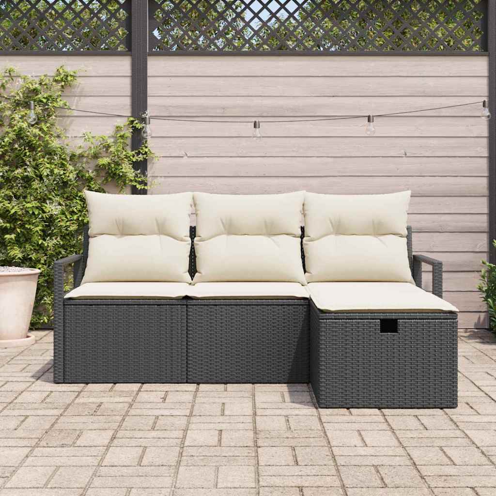 Sofa Set mit Kissen 4 pcs Schwarz und Creme Poly-Rattan