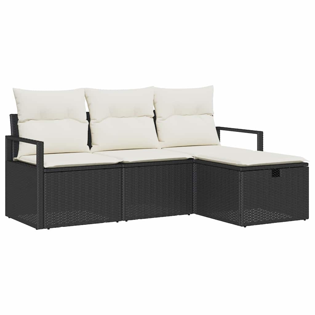 Sofa Set mit Kissen 4 pcs Schwarz und Creme Poly-Rattan