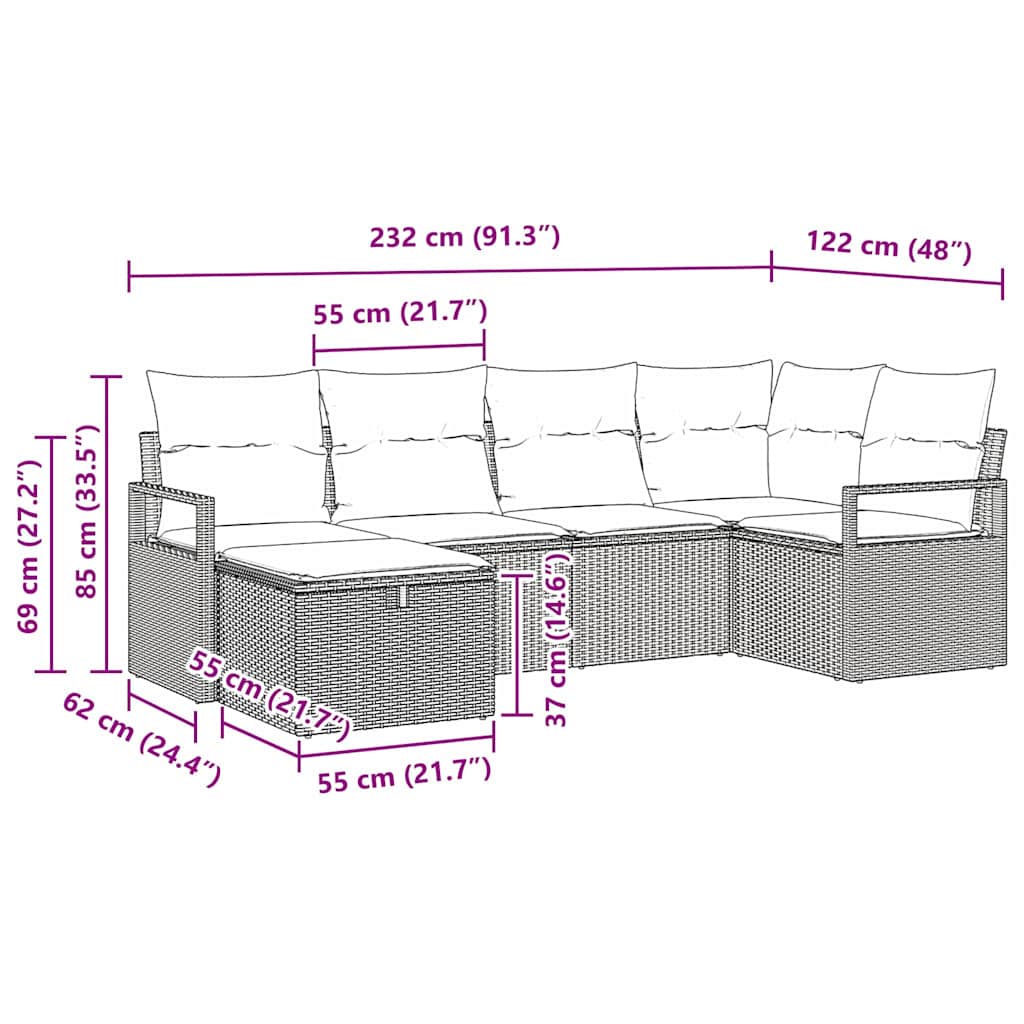 Garten-Sofa-Set 6 pcs Hellgrau 232 x 122 x 85 cm Poly Rattan