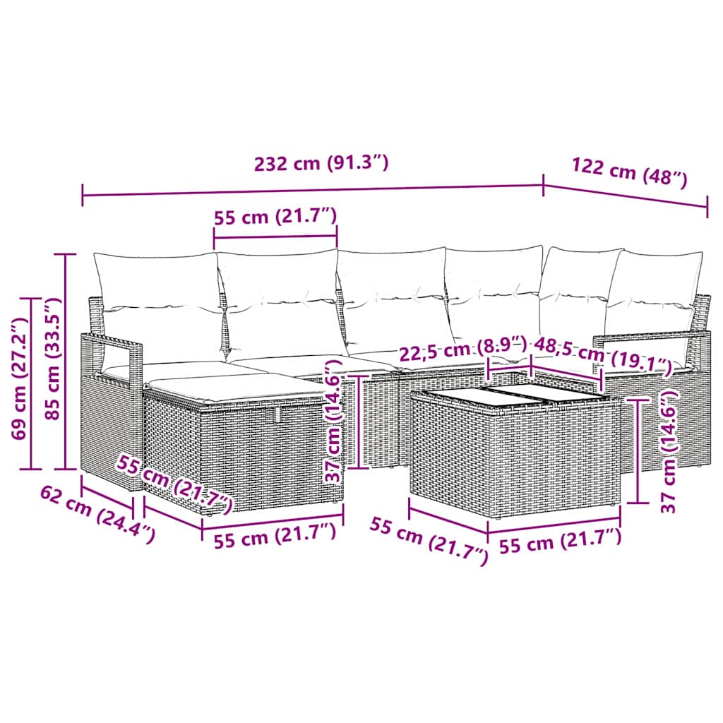 Garten-Sofa-Set 7 pcs Hellgrau 232 x 122 x 85 cm Poly Rattan