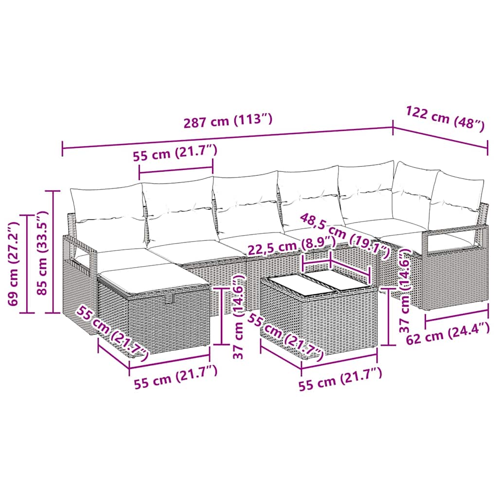 Garten-Sofa-Set 8 pcs Braun und Creme 287 x 122 x 85 cm