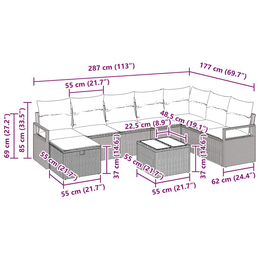 Garten-Sofa-Set 9 pcs Schwarz und Creme 287 x 177 x 85 cm