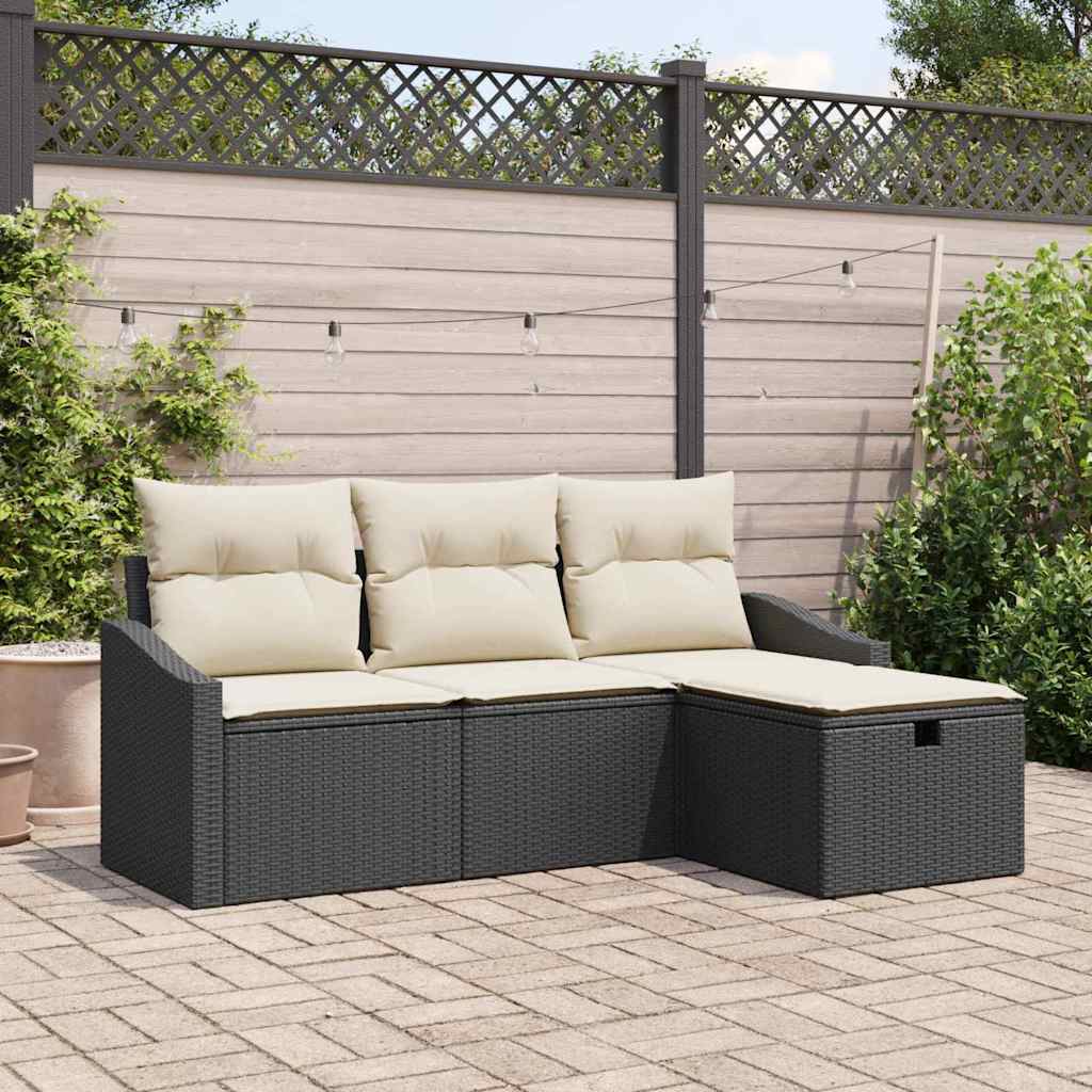 Sofa Set mit Kissen mit Speicher 4 pcs Schwarz Poly-Rattan
