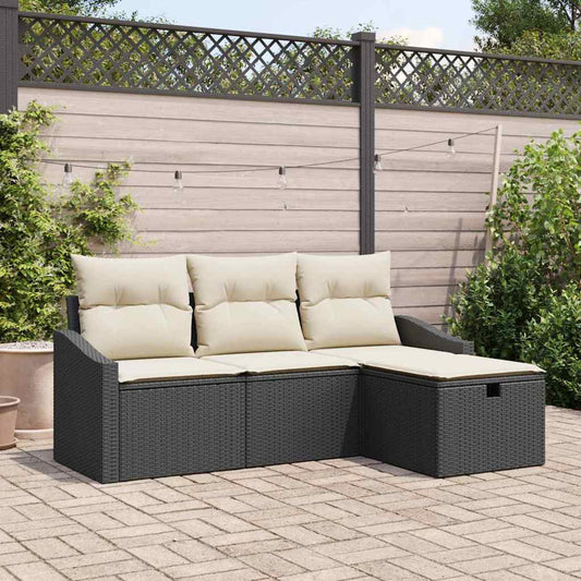 Sofa Set mit Kissen mit Speicher 4 pcs Schwarz Poly-Rattan