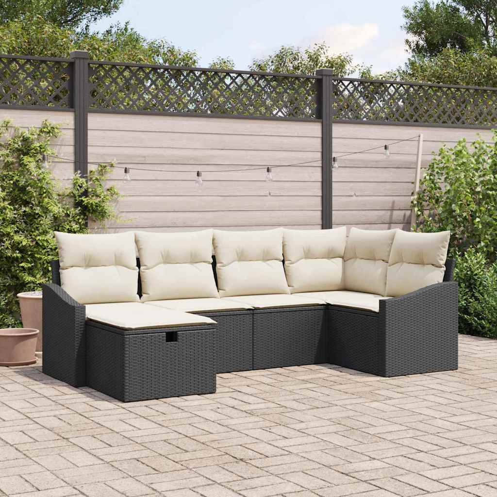 Sofa Set mit Kissen 6 pcs Schwarz und Creme Poly-Rattan