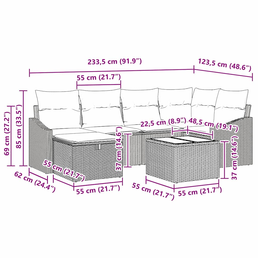 Sofa Set mit Kissen mit Speicher Schwarz und Creme Poly-Rattan