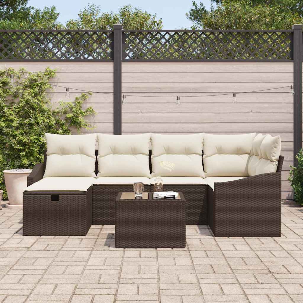 Sofa Set mit Kissen 7 pcs Braun und Creme Poly-Rattan