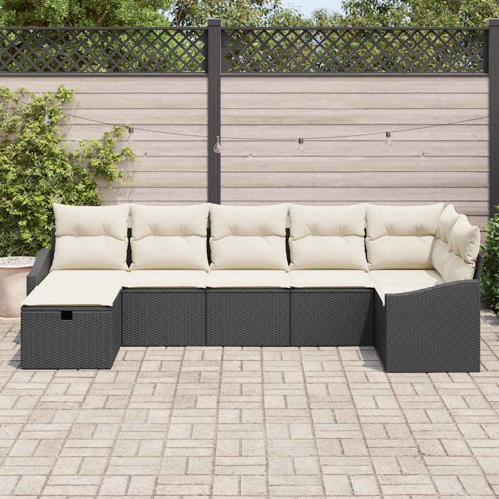 Sofa Set mit Kissen mit Speicher 7 pcs Schwarz Poly-Rattan