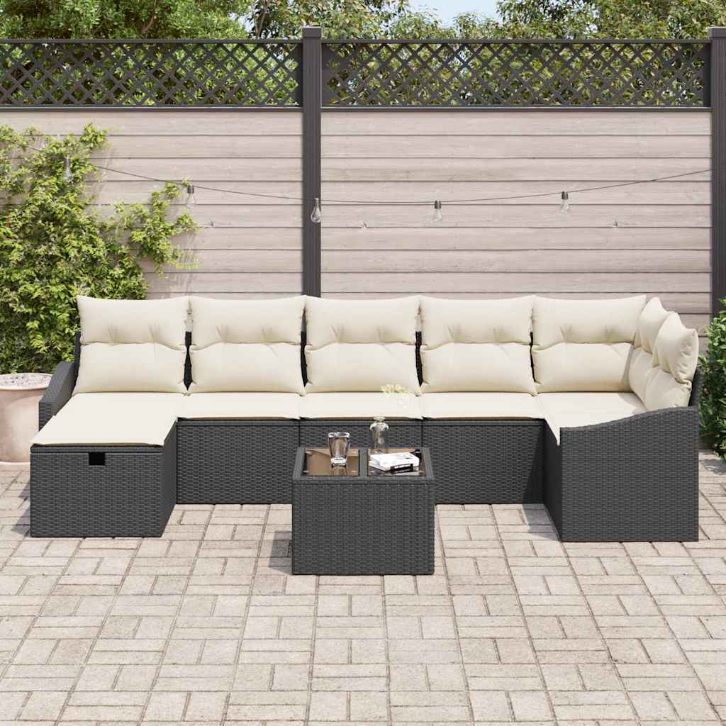 Sofa Set mit Kissen mit Speicher 8 pcs Schwarz Poly-Rattan