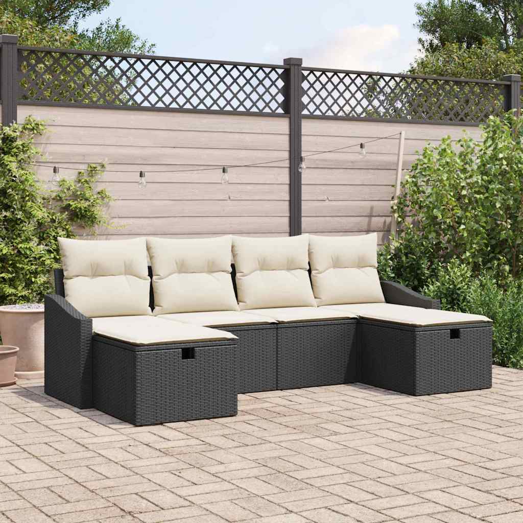 Garten-Sofa-Set mit Kissen 6 pcs Schwarz Poly Rattan