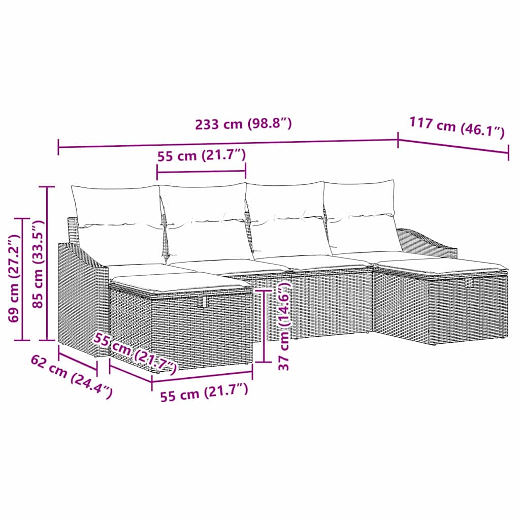 Garten-Sofa-Set mit Kissen 6 pcs Hellgrau Poly Rattan