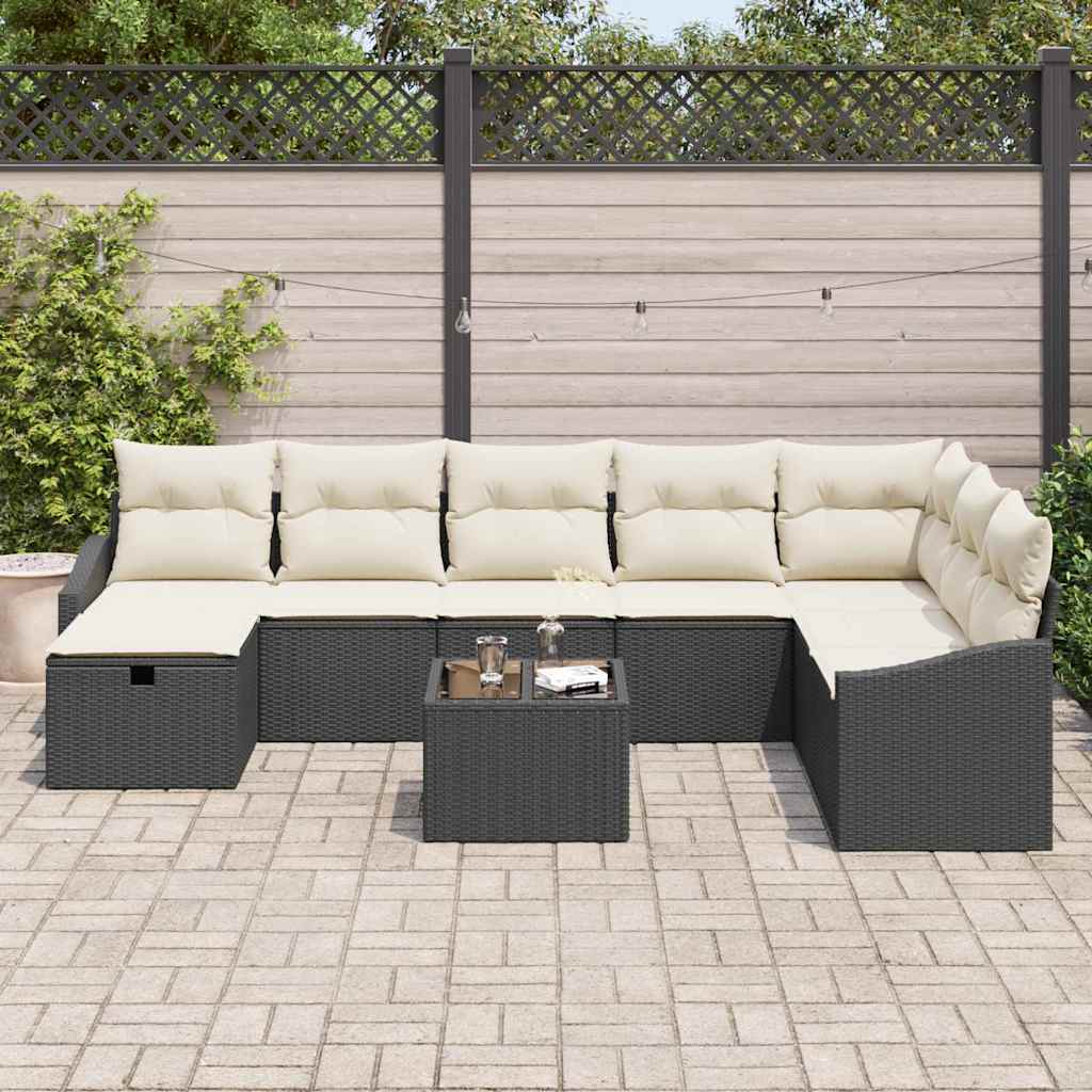 Garten-Sofa-Set mit Kissen 9 pcs Schwarz Poly Rattan