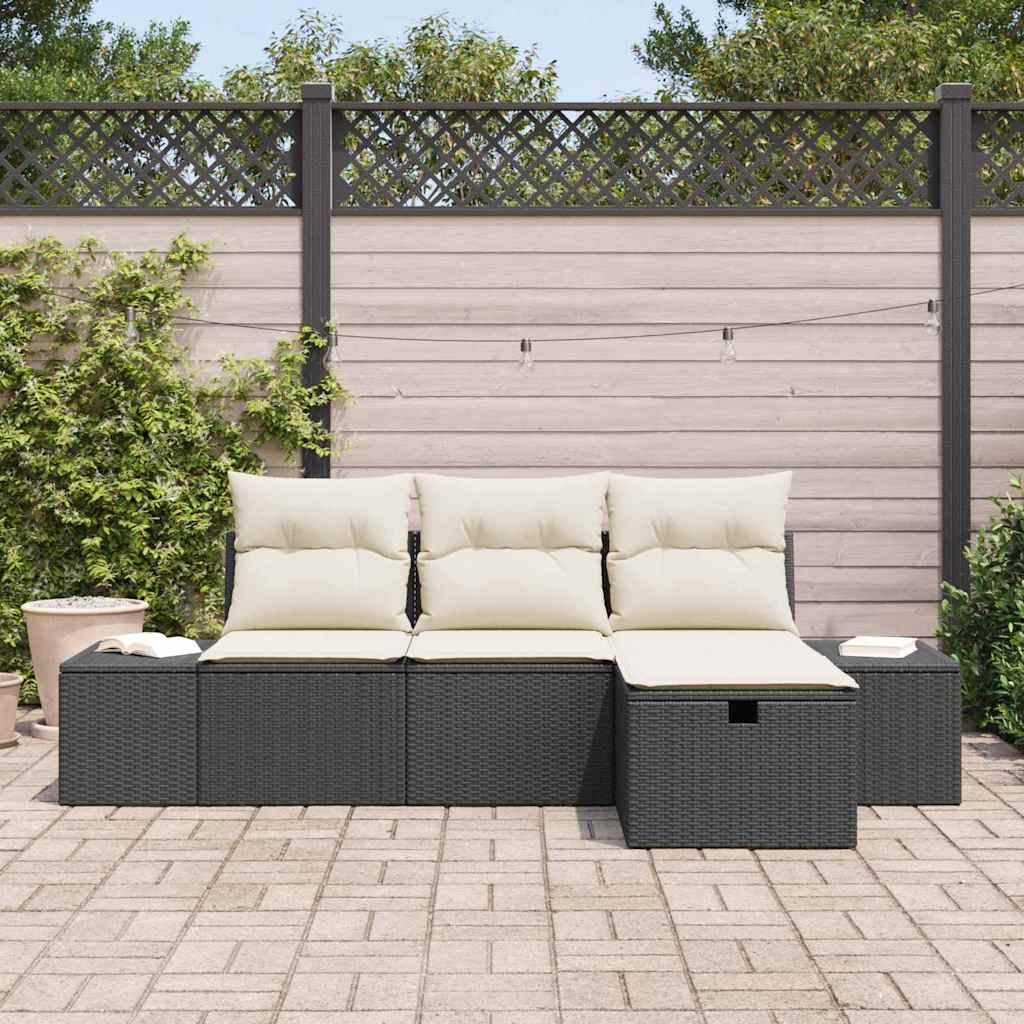 Garten-Sofa-Set mit Kissen 4 pcs Schwarz Poly Rattan