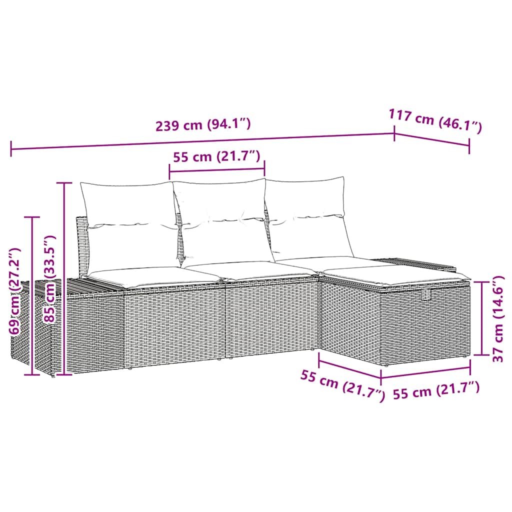 Garten-Sofa-Set mit Kissen 4 pcs Braun Poly Rattan