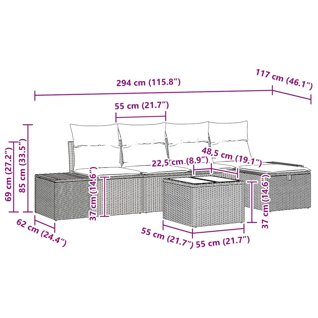 Gartensofa-set mit Kissen 6 pcs Braun Poly-Rattan