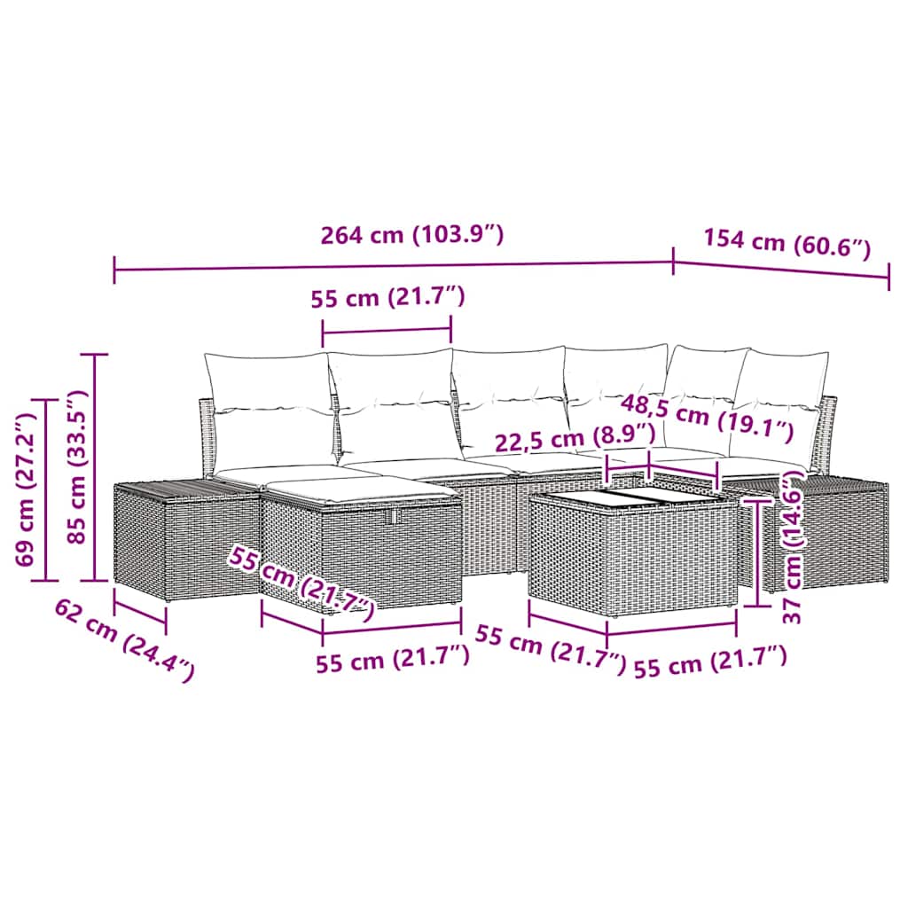 Gartensofa-set mit Kissen 7 pcs Schwarz Poly-Rattan