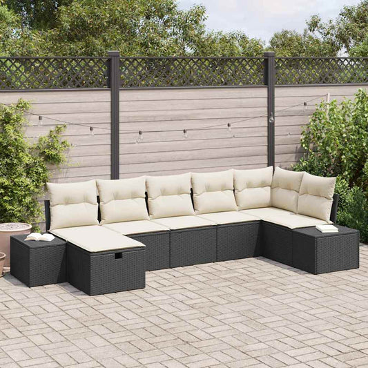 Gartensofa-set mit Kissen 7 pcs Schwarz Poly-Rattan