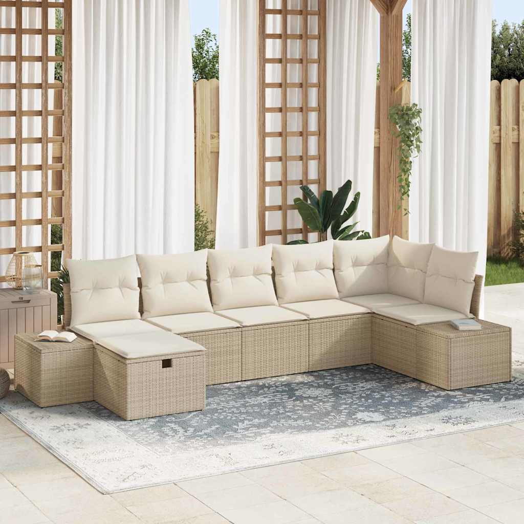 Gartensofa-set mit Kissen 7 pcs Beige Poly-Rattan