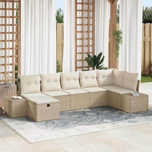 Gartensofa-set mit Kissen 7 pcs Beige Poly-Rattan