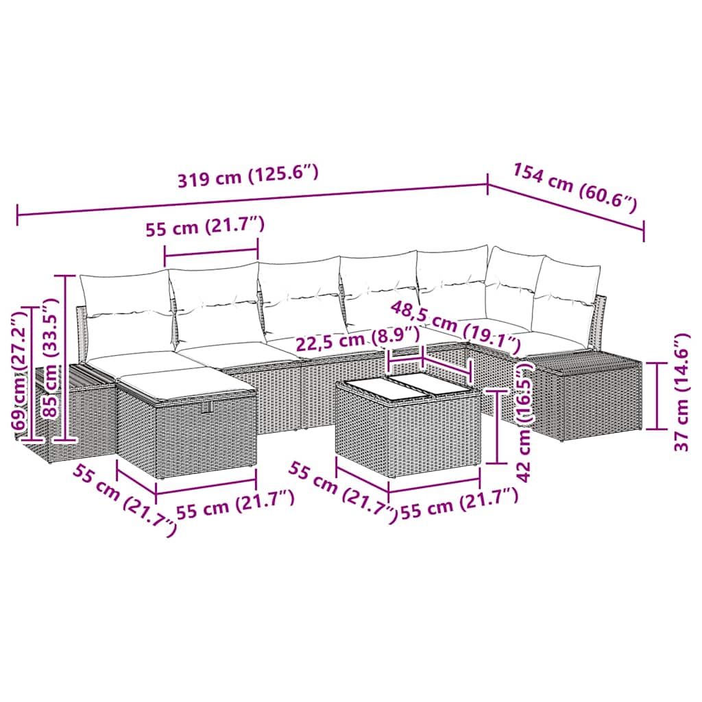 Garten-Sofa-Set mit Kissen 8 pcs Hellgrau Poly-Rattan