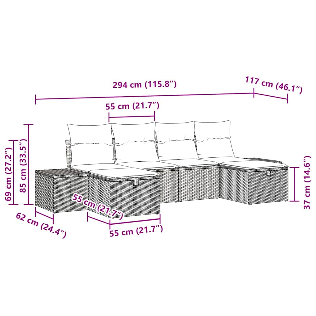 Garten-Sofa-Set mit Kissen 6 pcs Braun Poly-Rattan
