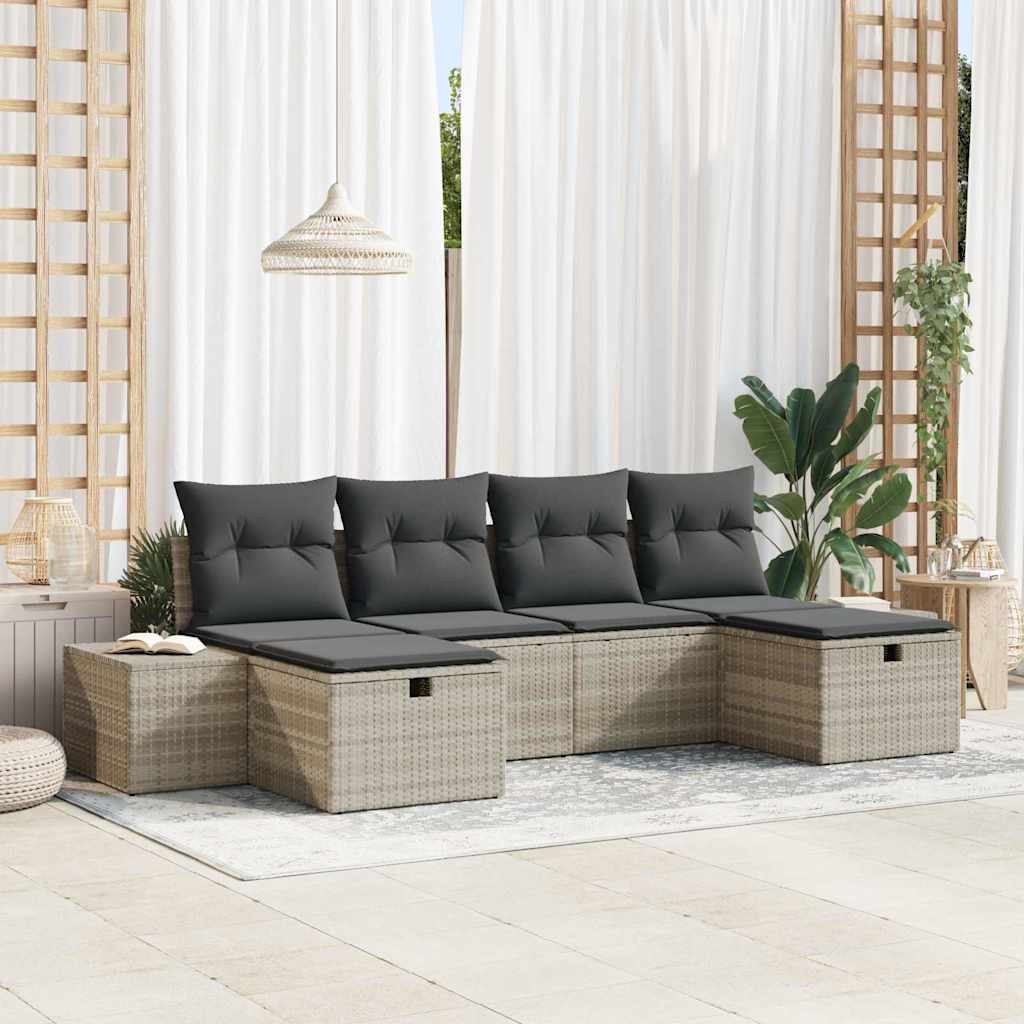 Garten-Sofa-Set mit Kissen 6 pcs Hellgrau Poly-Rattan