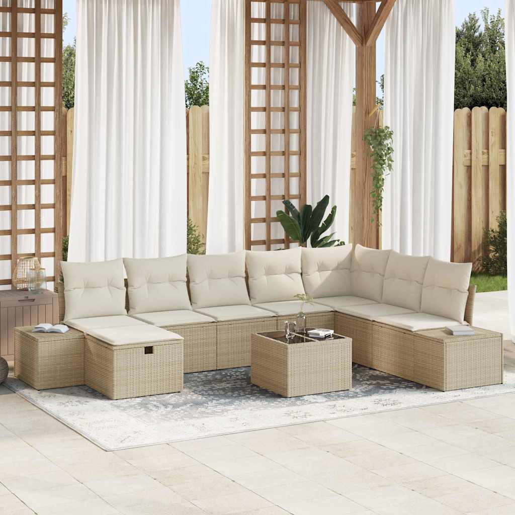 Gartensofa-set mit Kissen 9 pcs Beige Poly-Rattan