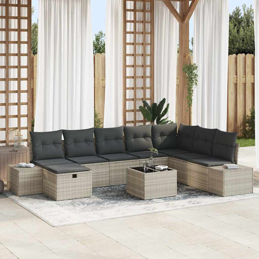 Garten-Sofa-Set mit Kissen 9 pcs Hellgrau Poly-Rattan