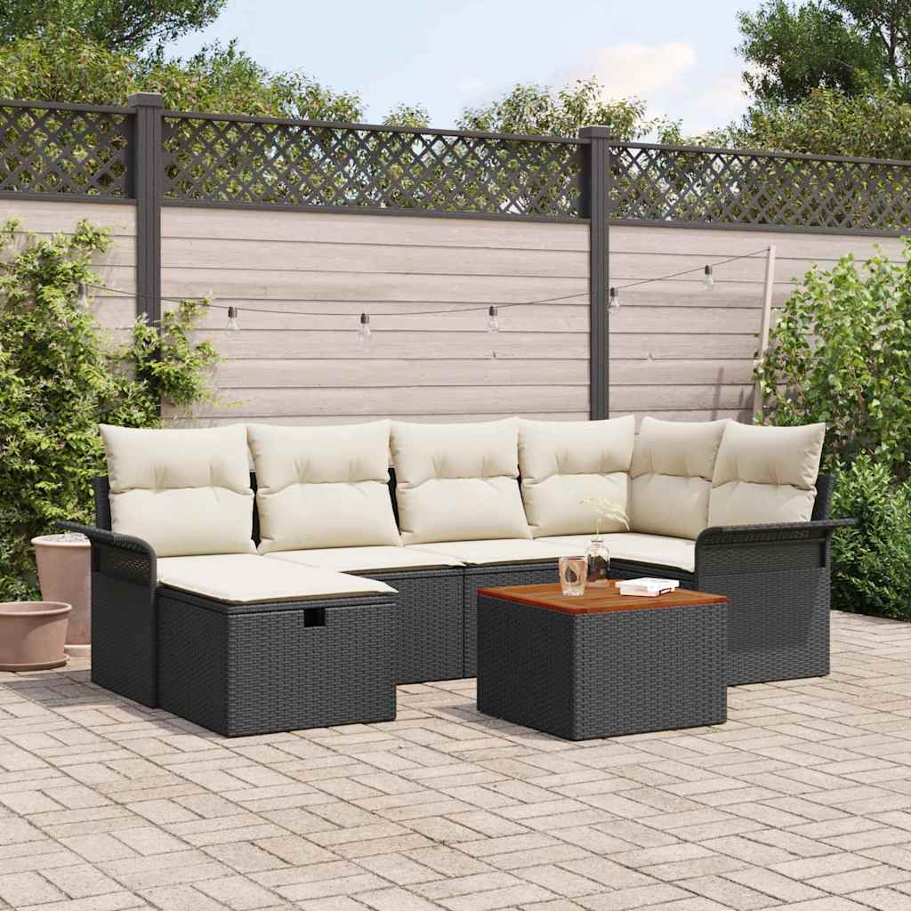 Garten-Sofa-Set mit Kissen 7 pcs Schwarz Poly Rattan
