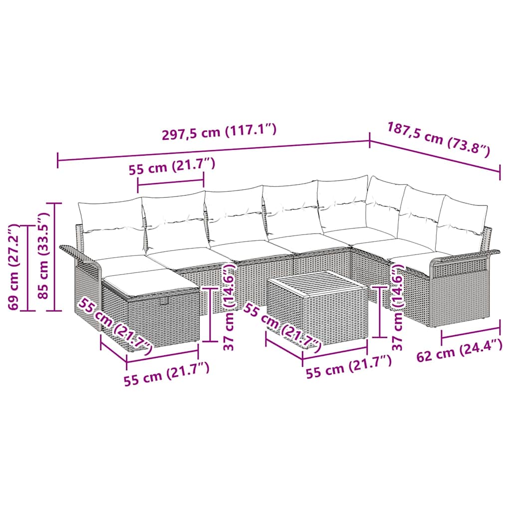 Garten-Sofa-Set mit Kissen 9 pcs Schwarz Poly Rattan