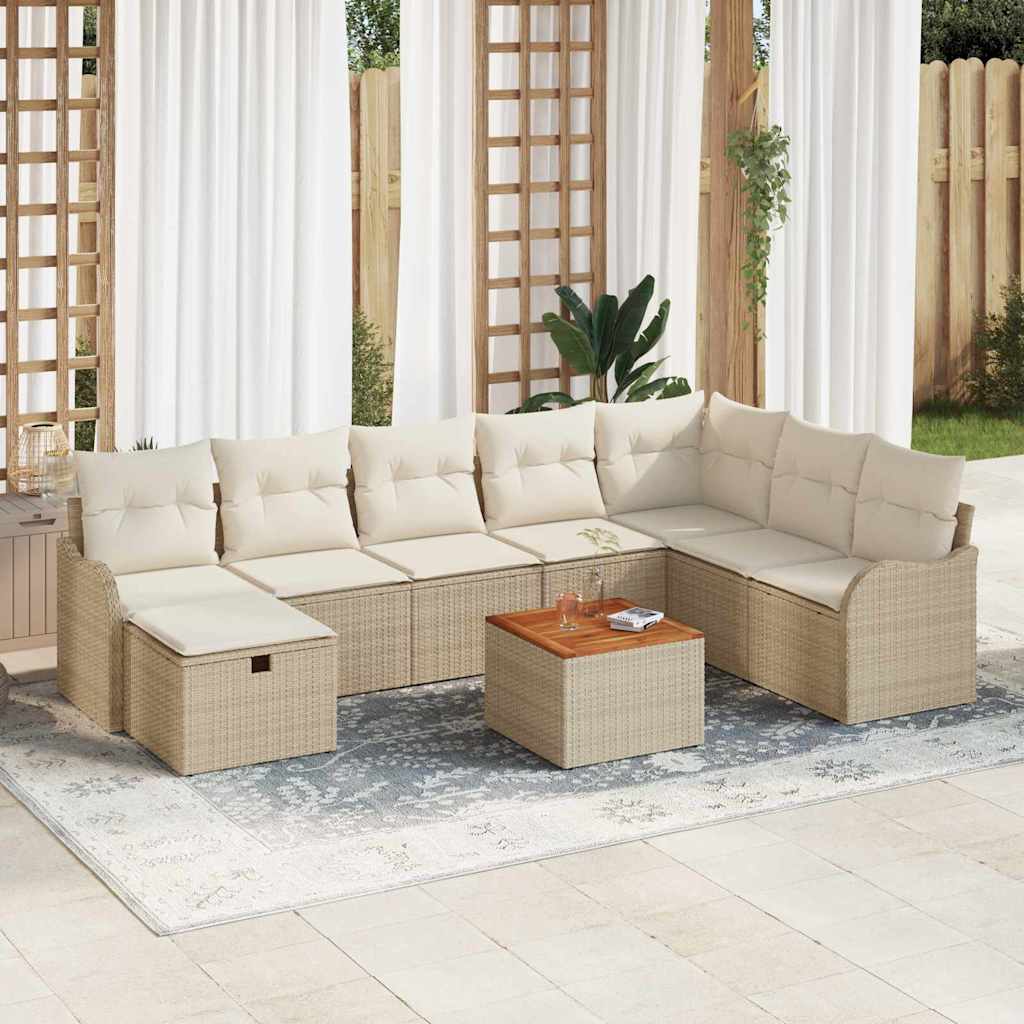 Garten-Sofa-Set mit Kissen mit Speicher 9 pcs Beige Poly Rattan