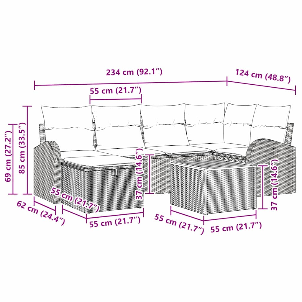 Garten-Sofa-Set mit Kissen 7 pcs Schwarz Poly Rattan